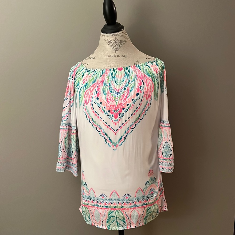 Lilly Pulitzer Size XXS flounce sleeve top white and print with lining